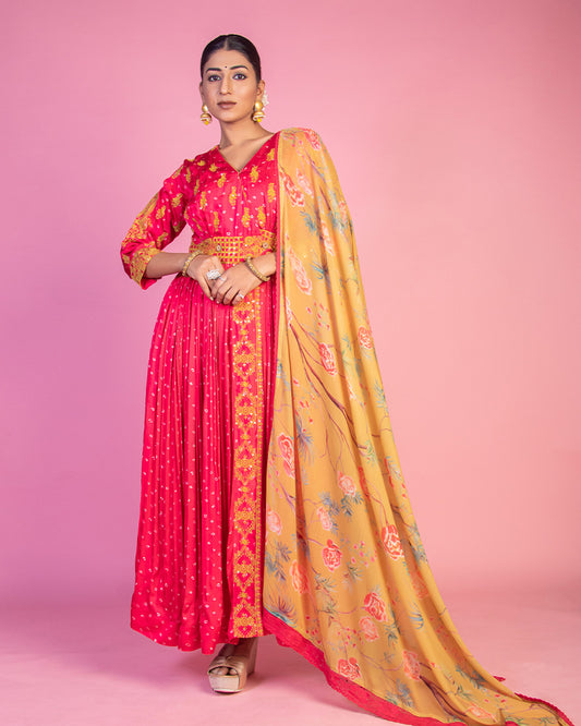 Pink Anarkali Suit with Printed Yellow Dupatta in Crepe Silk