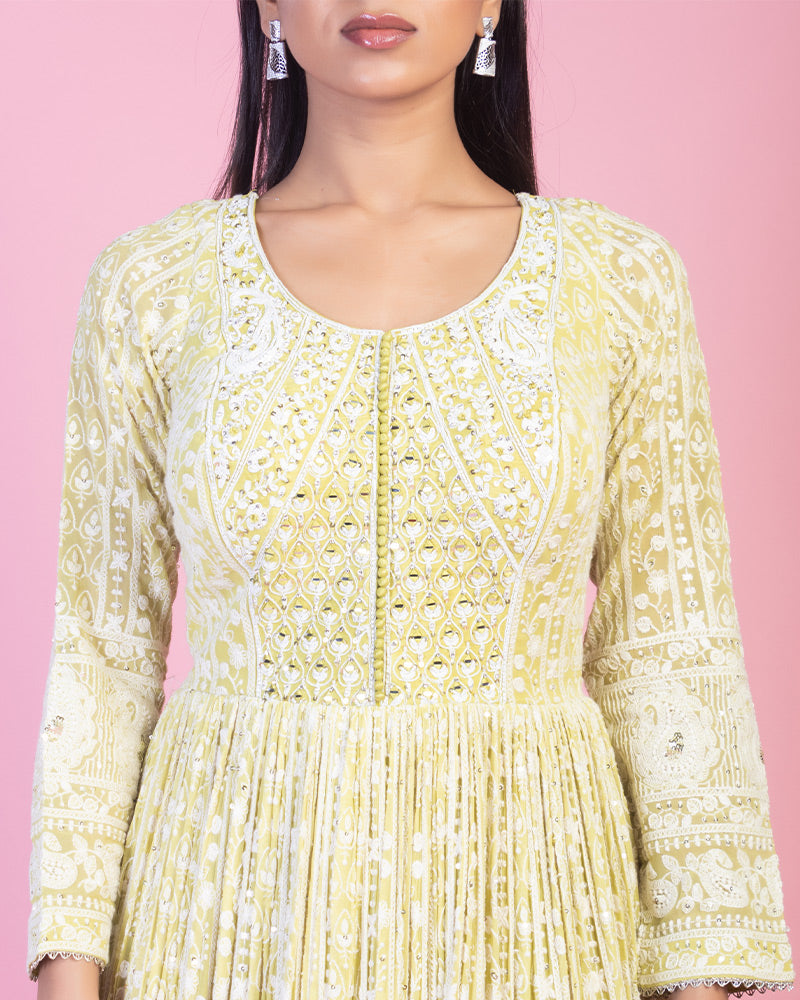 Lemon Yellow Silk Embroidered Anarkali Dress With Dupatta