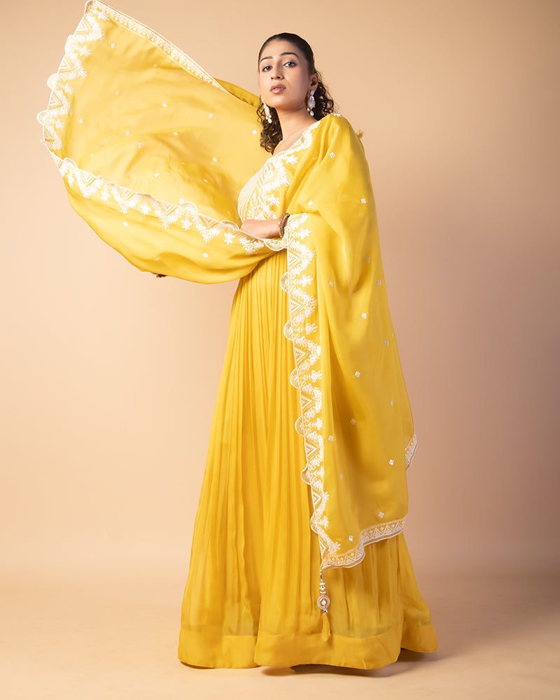 Yellow Thread Embroidered Anarkali With Dupatta