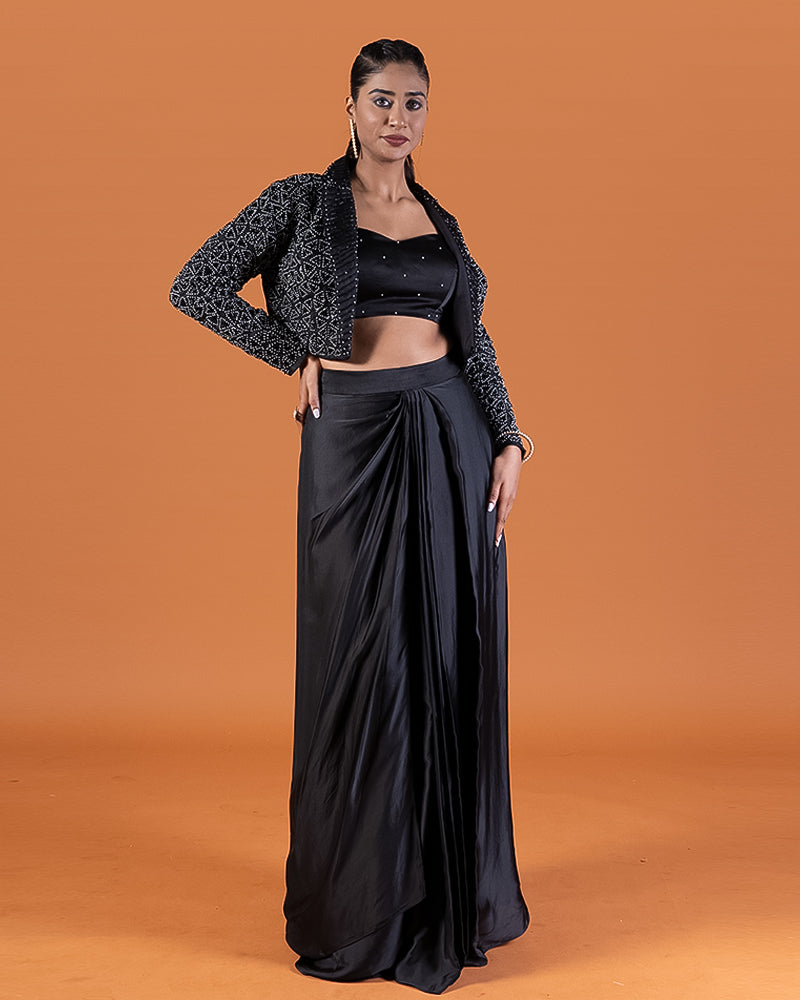 Black Crop Top Embellished Jacket with Draped Skirt