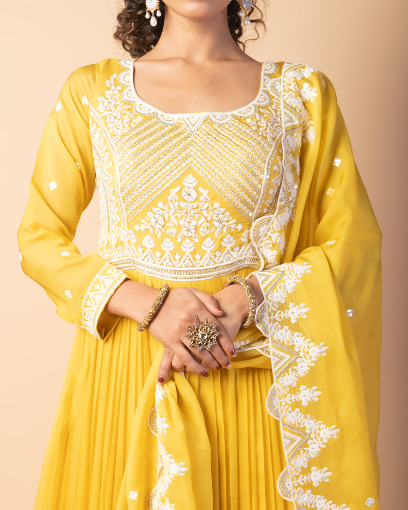 Yellow Thread Embroidered Anarkali With Dupatta