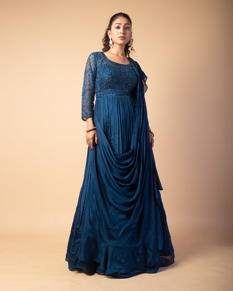 Navy Blue Stone Embroidered Gown With Attached Dupatta