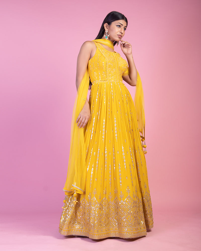 Yellow Sequins Embroidered Anarkali Dress With Dupatta