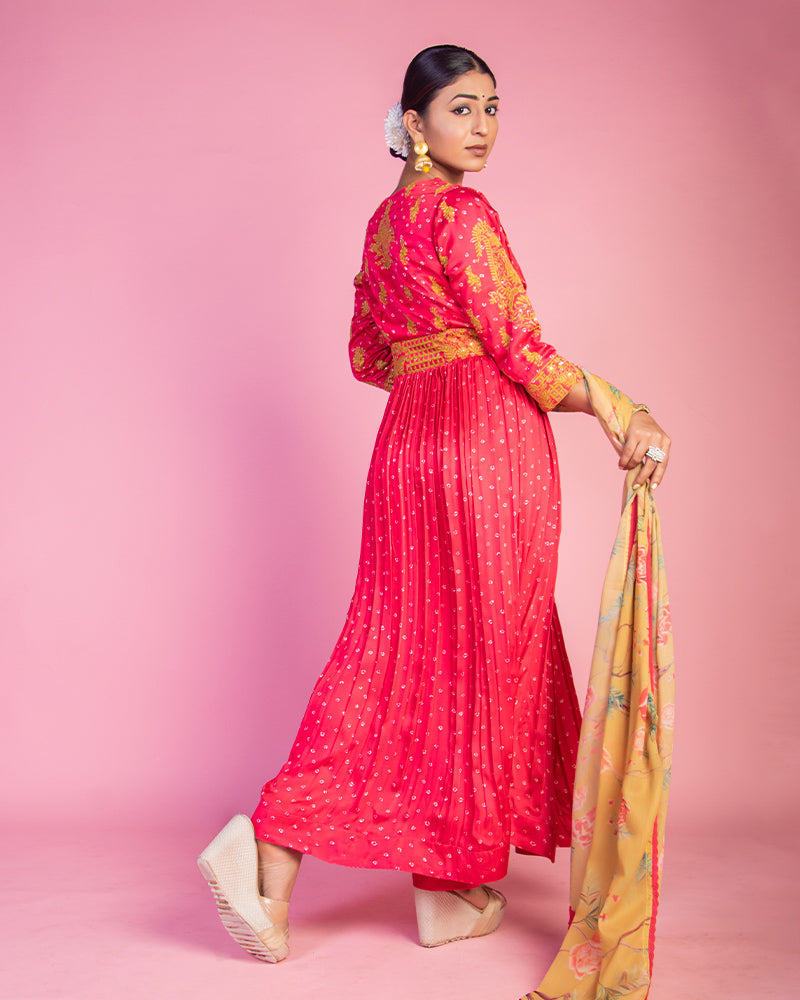 Pink Anarkali Suit with Printed Yellow Dupatta in Crepe Silk