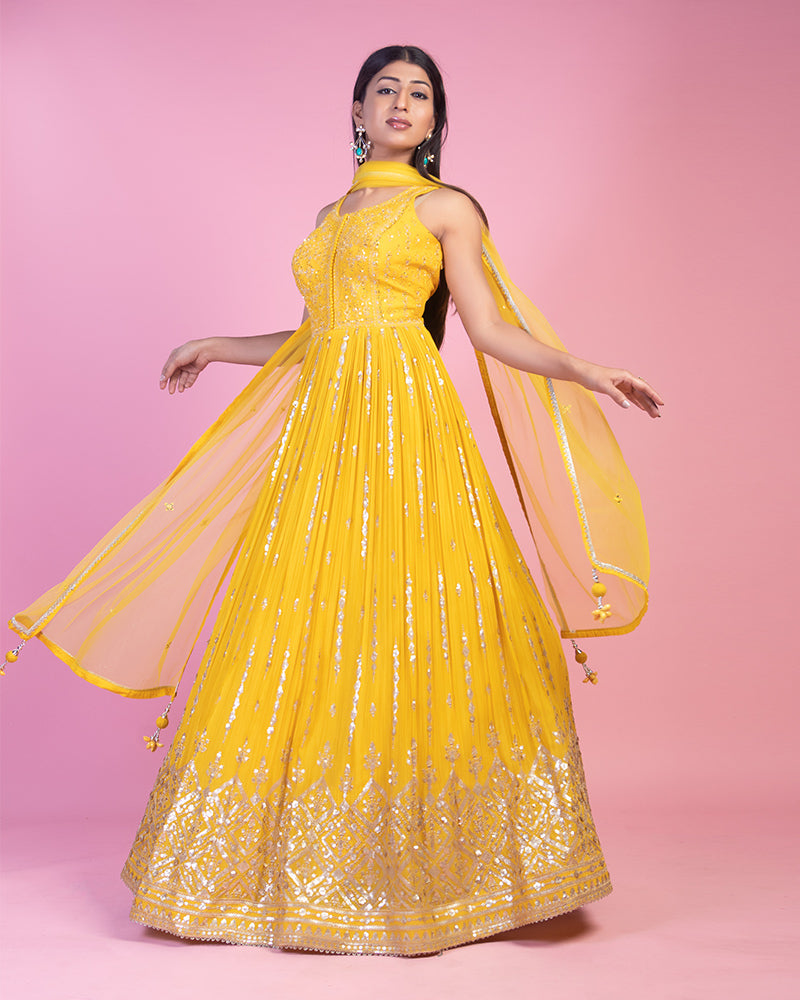 Yellow Sequins Embroidered Anarkali Dress With Dupatta
