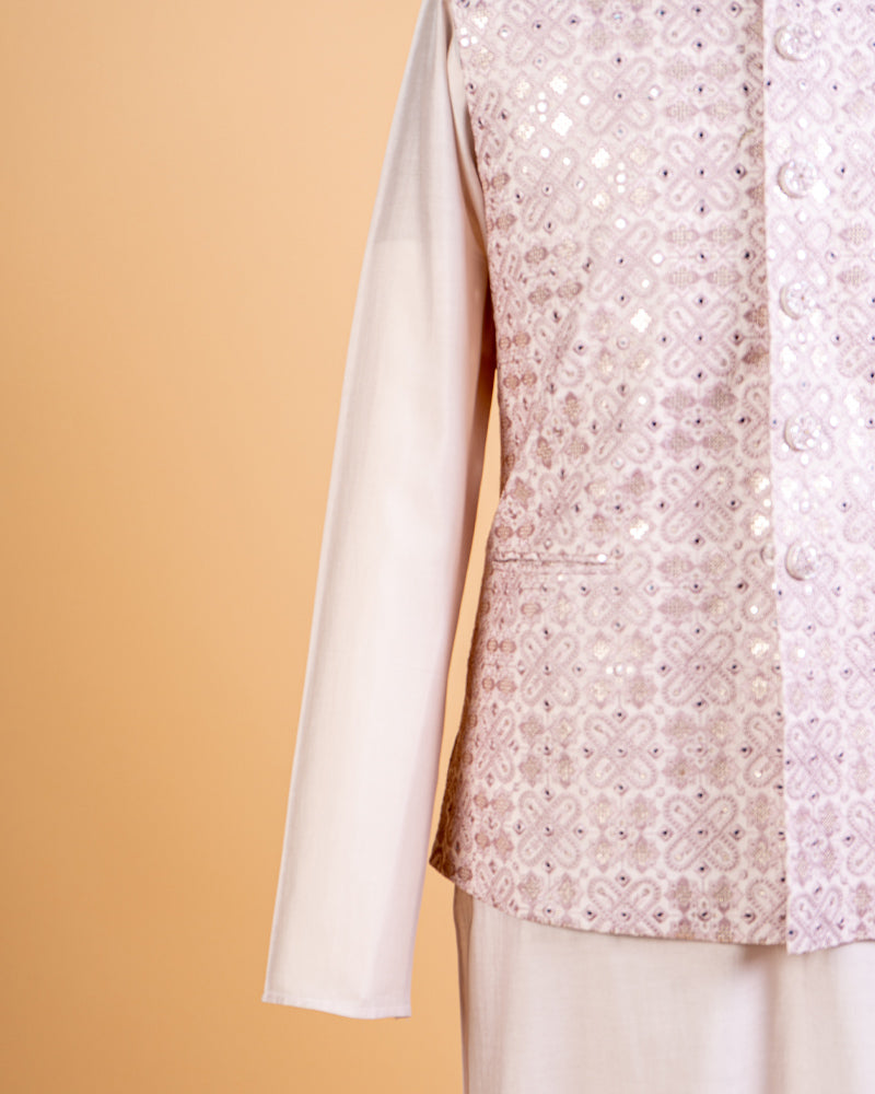 Light Pink Foil Kurta Pant Set With Embroidered Coat