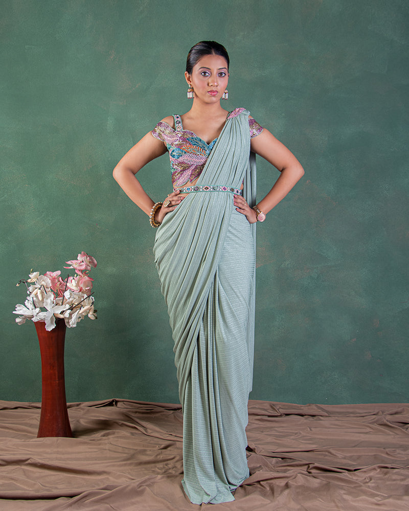 Olive Green Ready to wear Saree with Designer Blouse