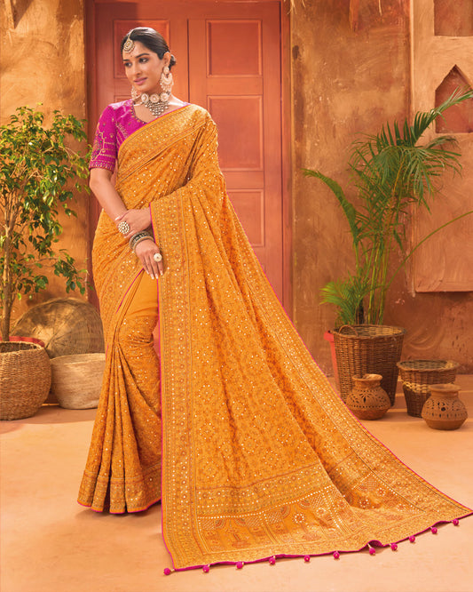 Honey Yellow  Mirror Embroidered Silk Saree With Unstitched Blouse