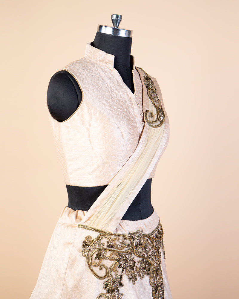 Off White Embroidered Lehenga Set With Attached Dupatta