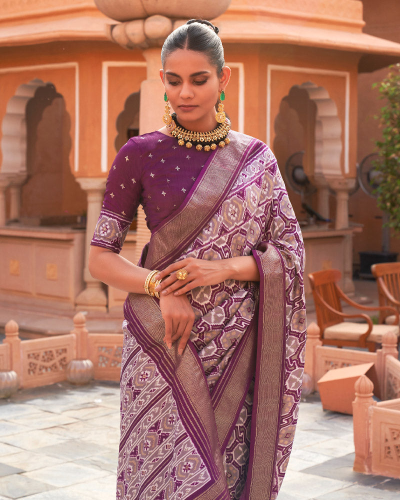 Grape Purple Overall Ikat Printed Zari Woven Silk Saree