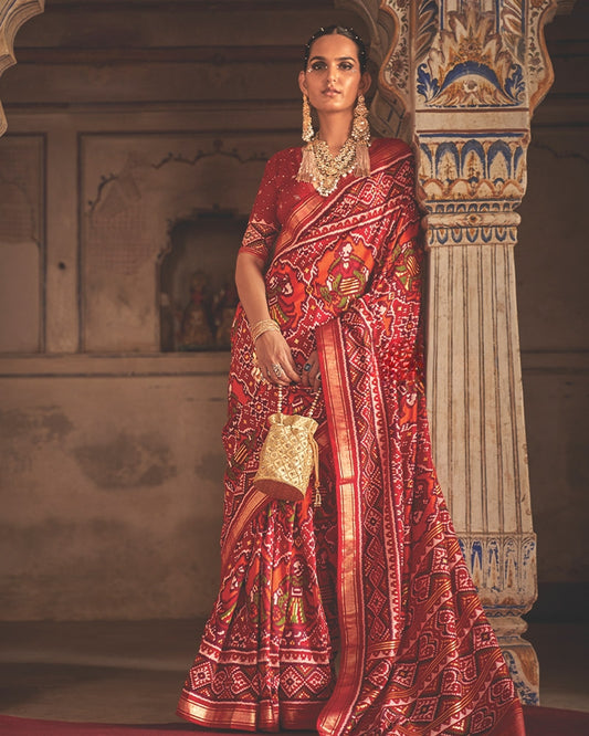 Ikkat Pure Silk Saree in Red with Unstitched Blouse