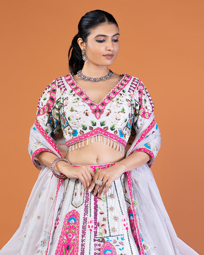 Gray Multicolored Floral Patchwork Embroidered Embellished Lehenga Choli with Dupatta