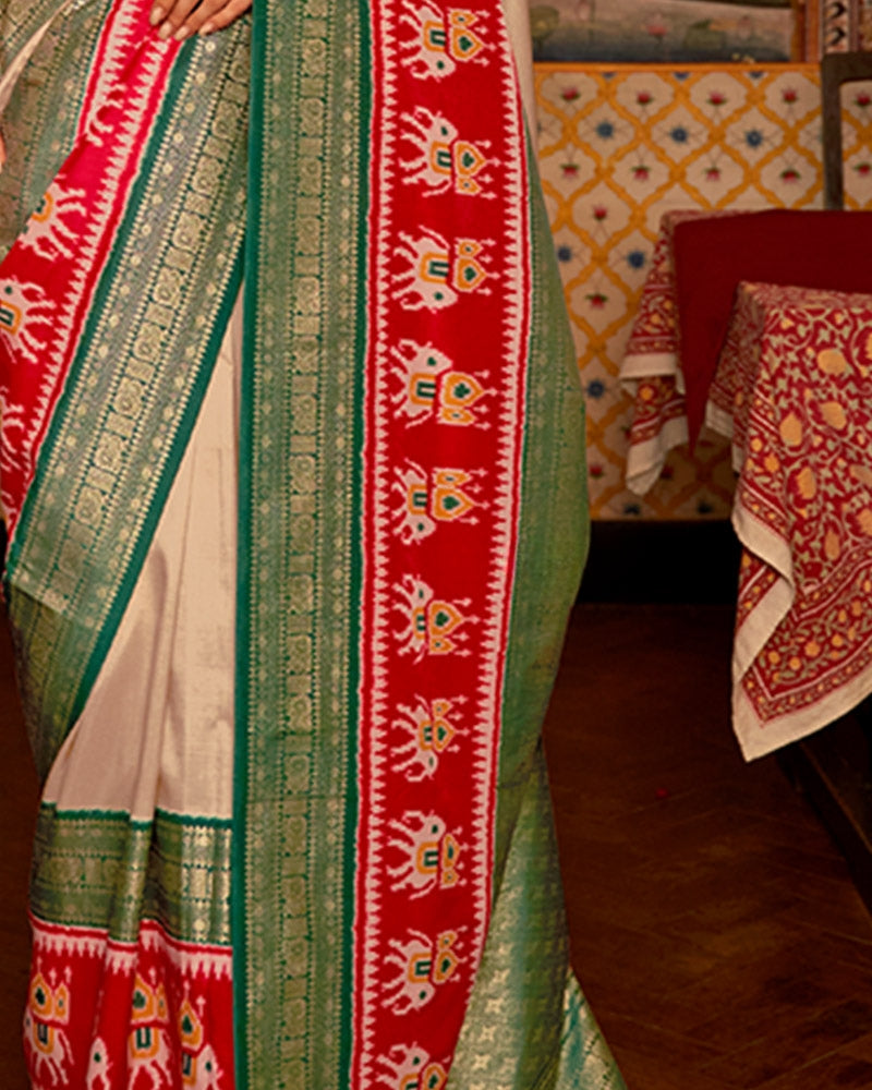 Cream Ikkat Patola Kanjivaram Silk Saree with Elephant Weave