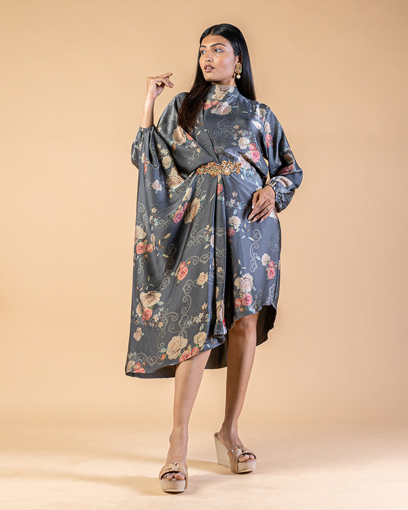 Slate Grey Floral Print Satin Western Dress