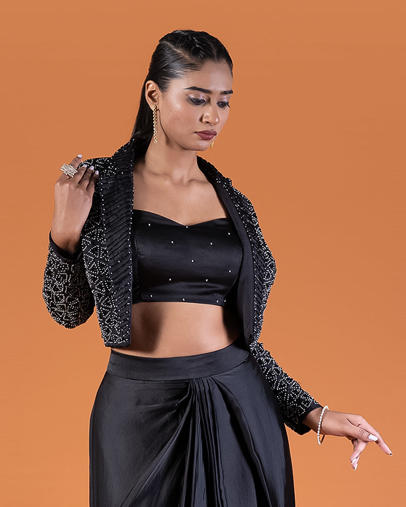 Black Crop Top Embellished Jacket with Draped Skirt