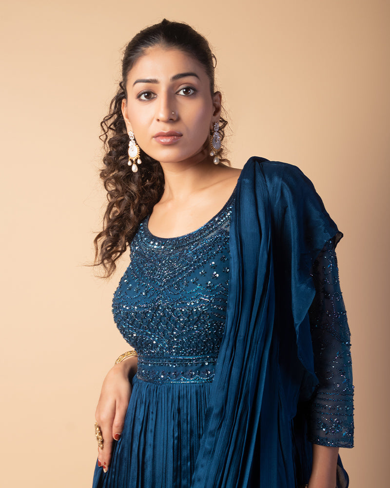 Navy Blue Stone Embroidered Gown With Attached Dupatta