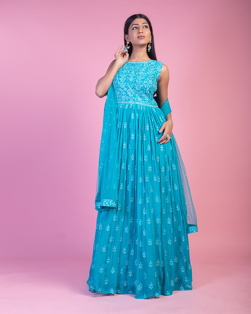 Sky Blue Thread Embroidered Anarkali Dress With Dupatta