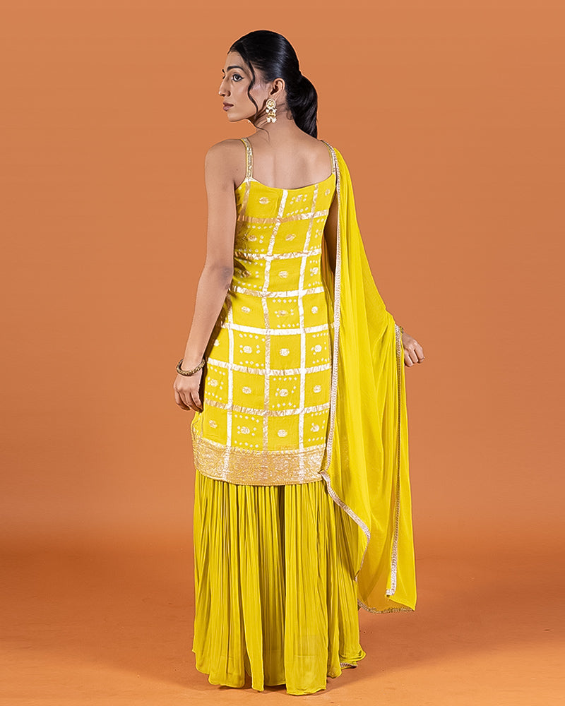 Yellow Zari Embellished Peplum Top with Palazzo Pants and Dupatta