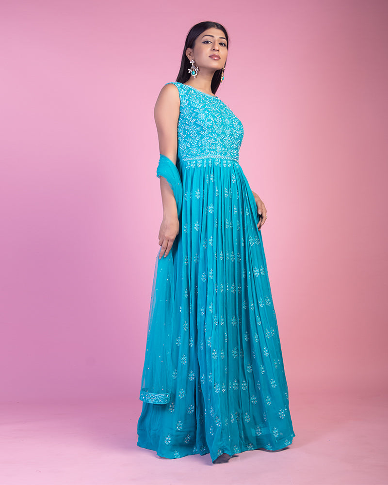 Sky Blue Thread Embroidered Anarkali Dress With Dupatta