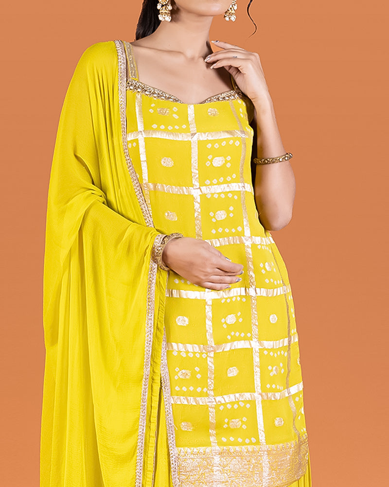 Yellow Zari Embellished Peplum Top with Palazzo Pants and Dupatta