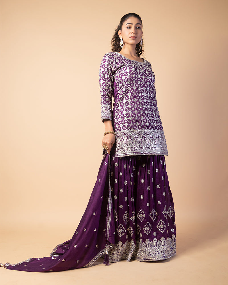 Violet Hand Embroidered Short Kurti Palazzo With Dupatta