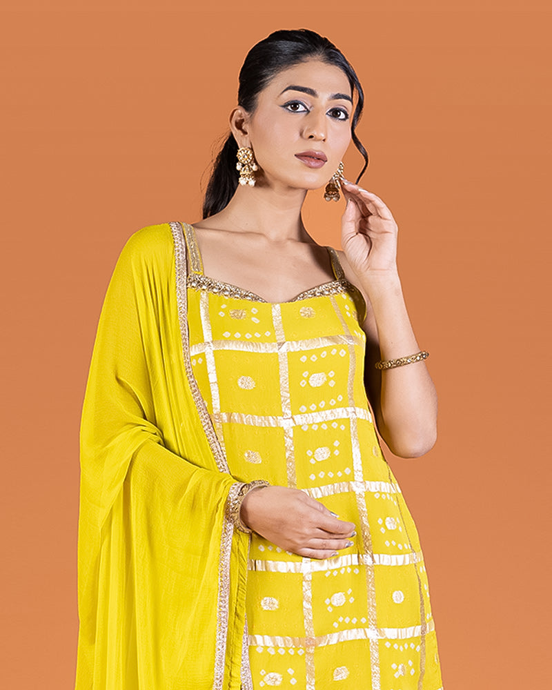 Yellow Zari Embellished Peplum Top with Palazzo Pants and Dupatta