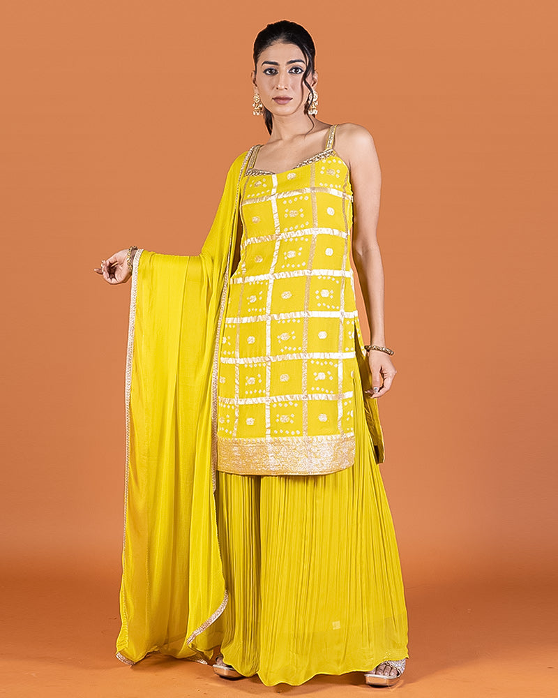 Yellow Zari Embellished Peplum Top with Palazzo Pants and Dupatta