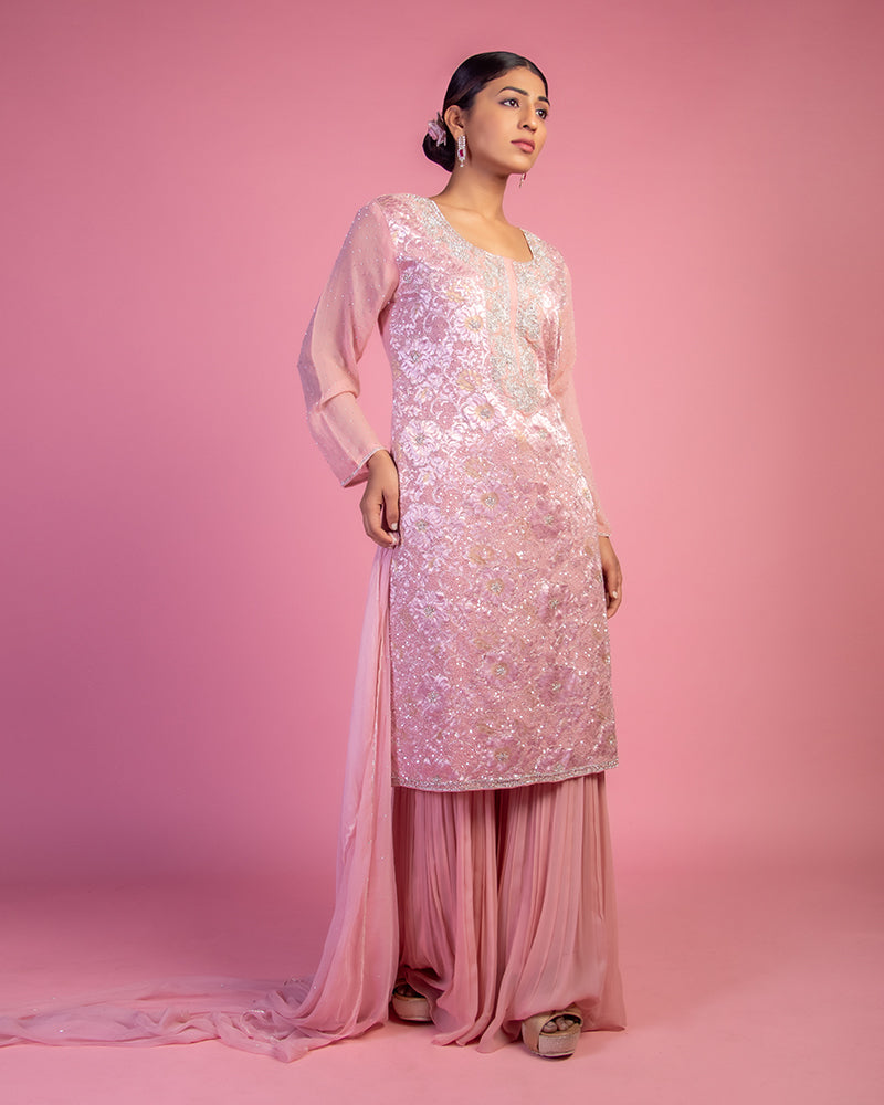 Pink Sequin Embroidered Sharara Set with Dupatta in Georgette