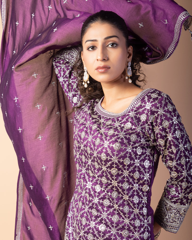 Violet Hand Embroidered Short Kurti Palazzo With Dupatta