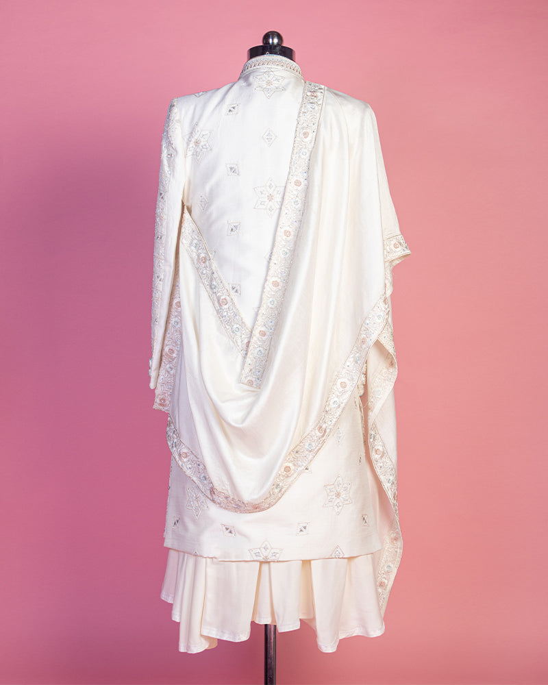 Cream Long Kurta with Over coat Sherwani and Pyjama Set