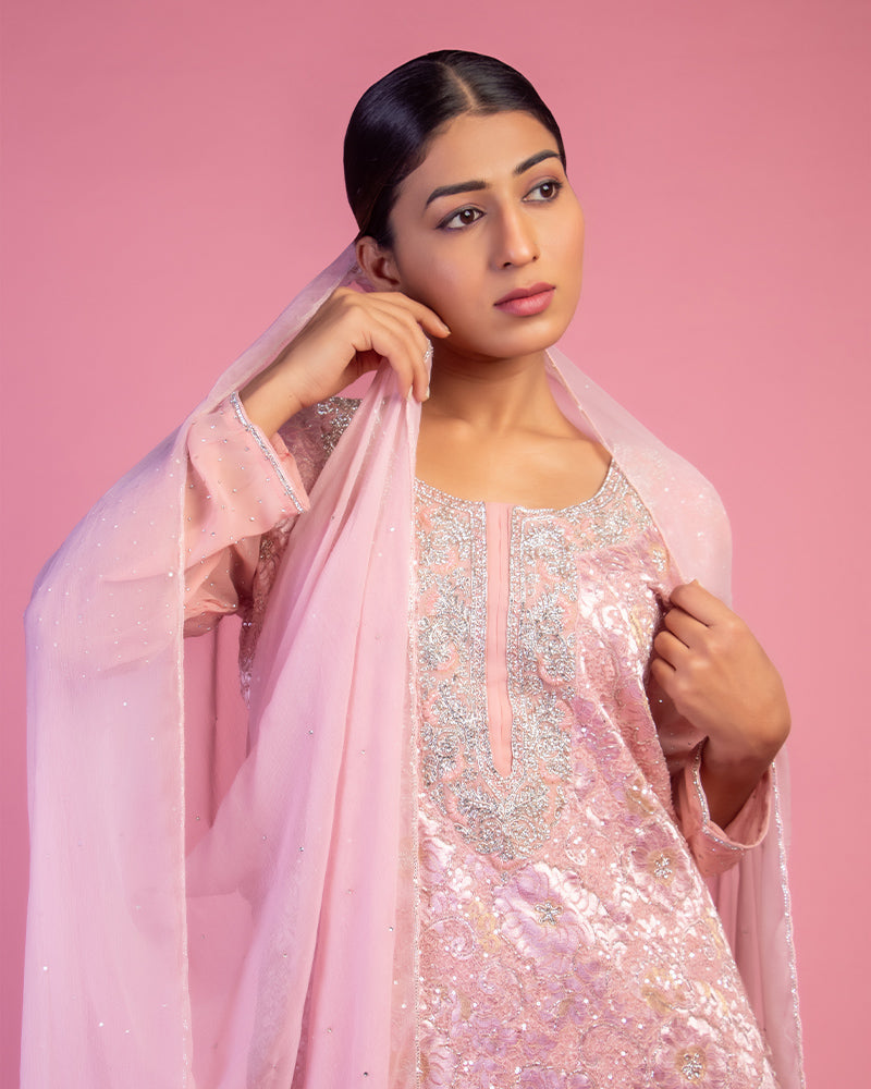 Pink Sequin Embroidered Sharara Set with Dupatta in Georgette