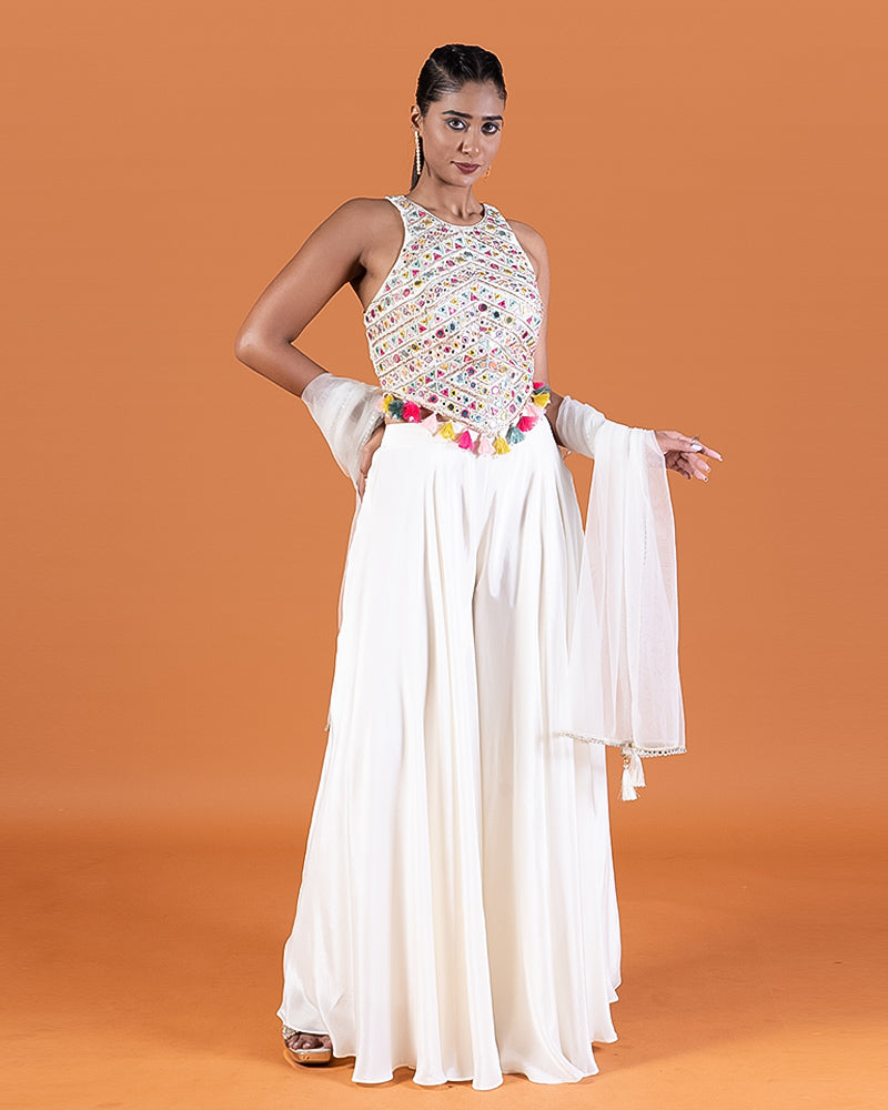 White Embroidered Crop Top with Palazzo Pants and Dupatta Set