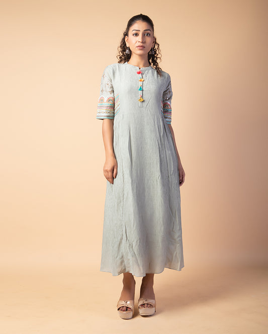 Pastel Grey Crushed Western Dress With Pocket