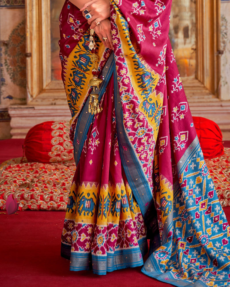 Bright Maroon Ikat Hand Work Printed Patola Saree With Unstitched Blouse