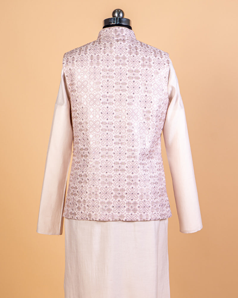 Light Pink Foil Kurta Pant Set With Embroidered Coat