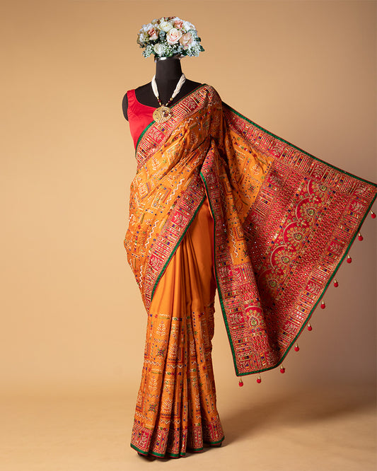 Dusty Orange Silk Saree with Hand Embroidered Pallu