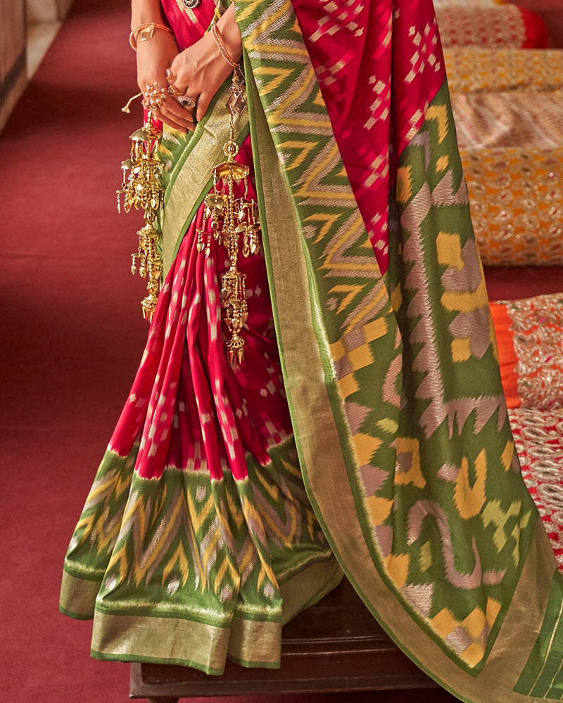 Red Ikat Pure Patola Printed Silk Saree With Contrast Pallu