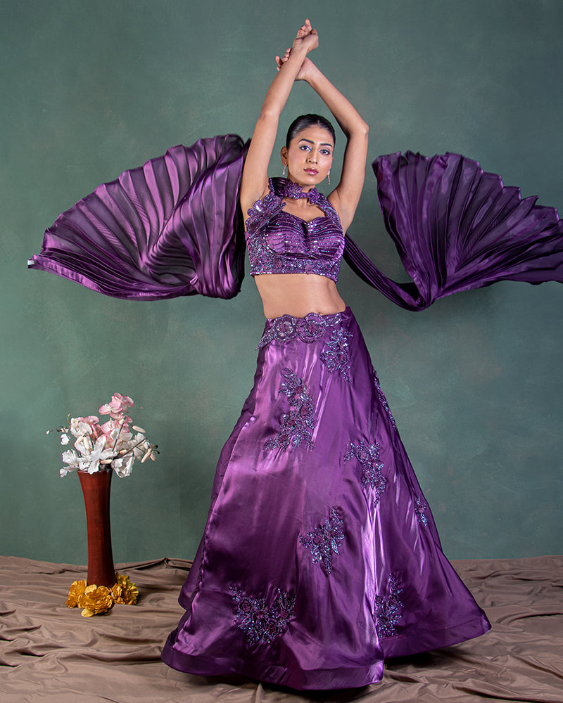 Purple Satin Floral  Embroidered Lehenga Set