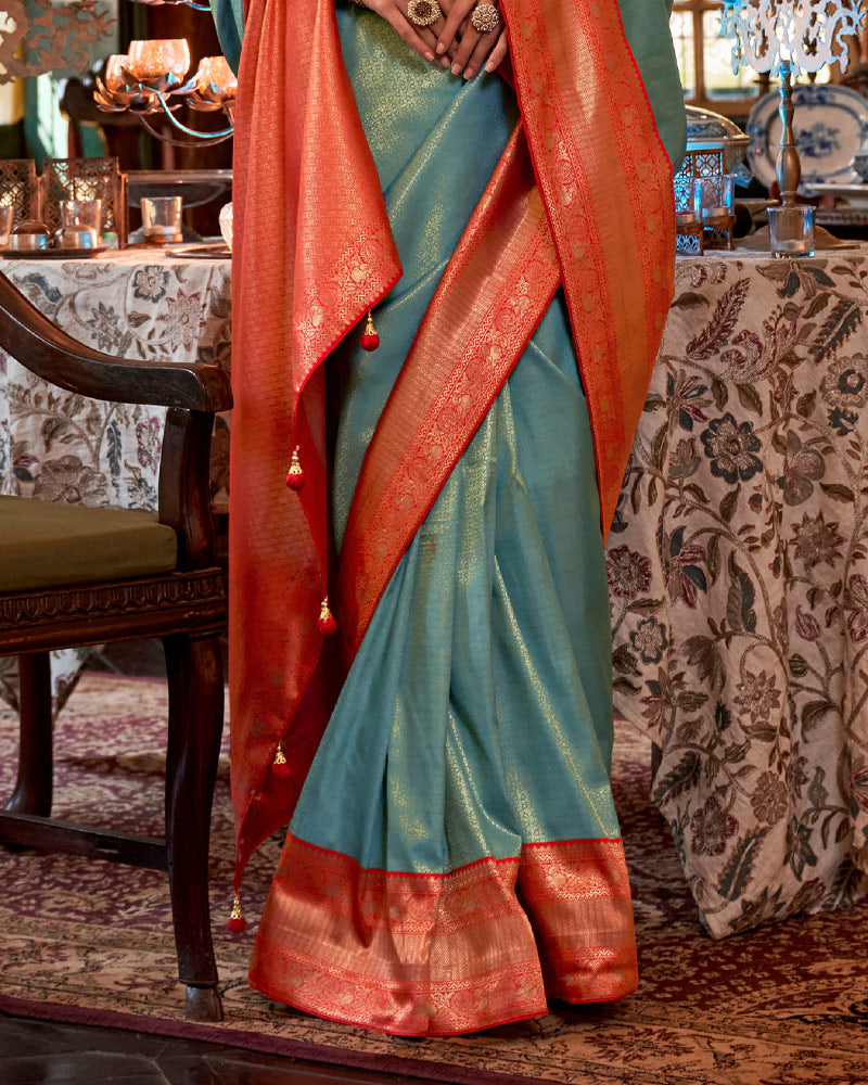 Sky Blue Silk Saree With Unstitched Blouse