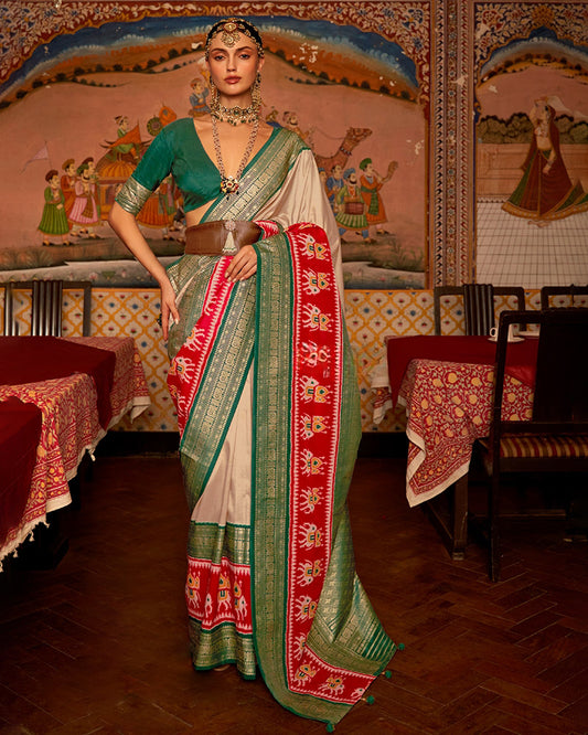 Cream Ikkat Patola Kanjivaram Silk Saree with Elephant Weave
