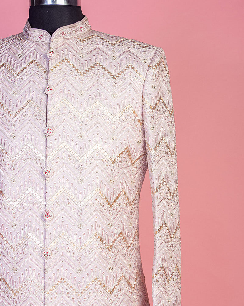 Pastel Onion Pink Embroidered Sherwani For Groom