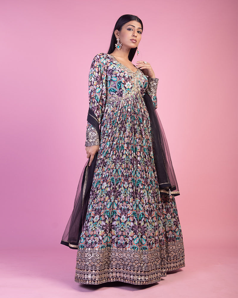 Plum Floral Printed Anarkali Dress With Dupatta