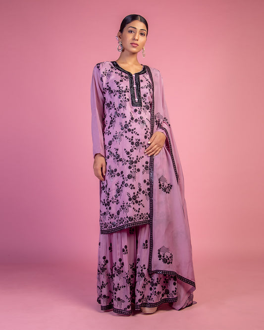 Wine Embroidered Sharara Set with Dupatta in Georgette