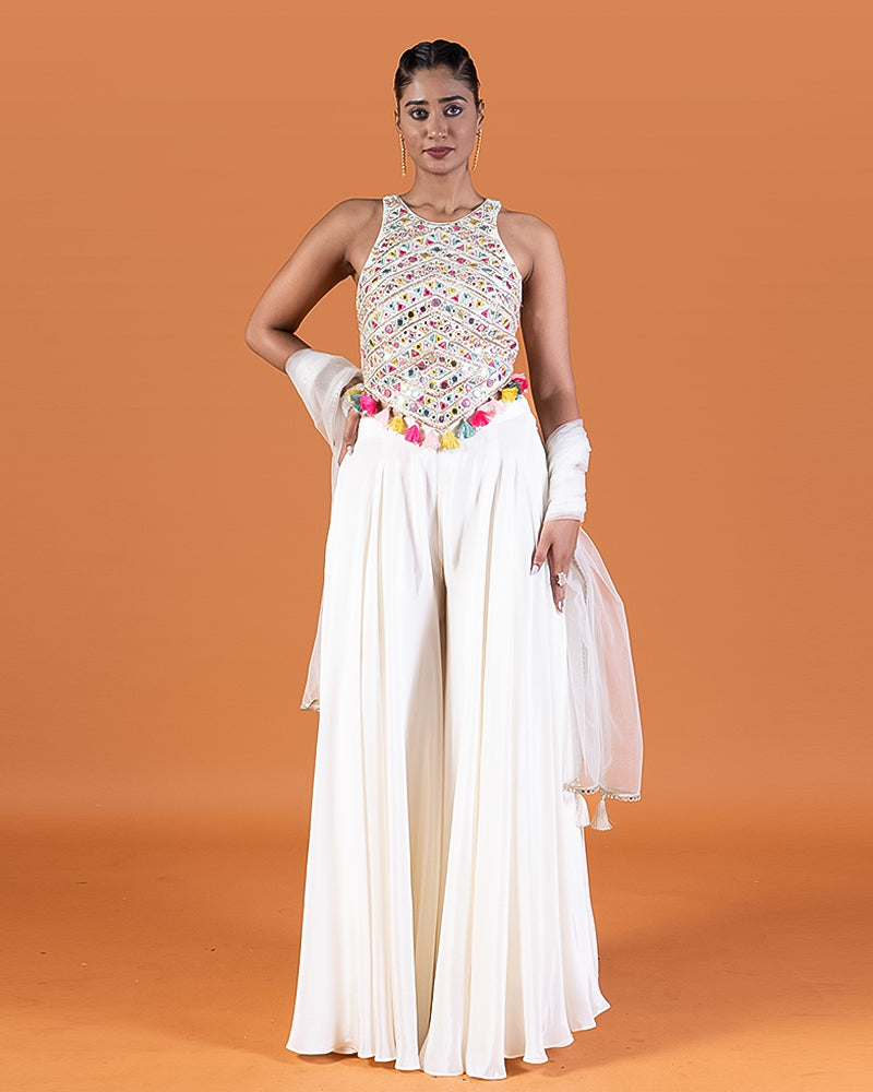 White Embroidered Crop Top with Palazzo Pants and Dupatta Set