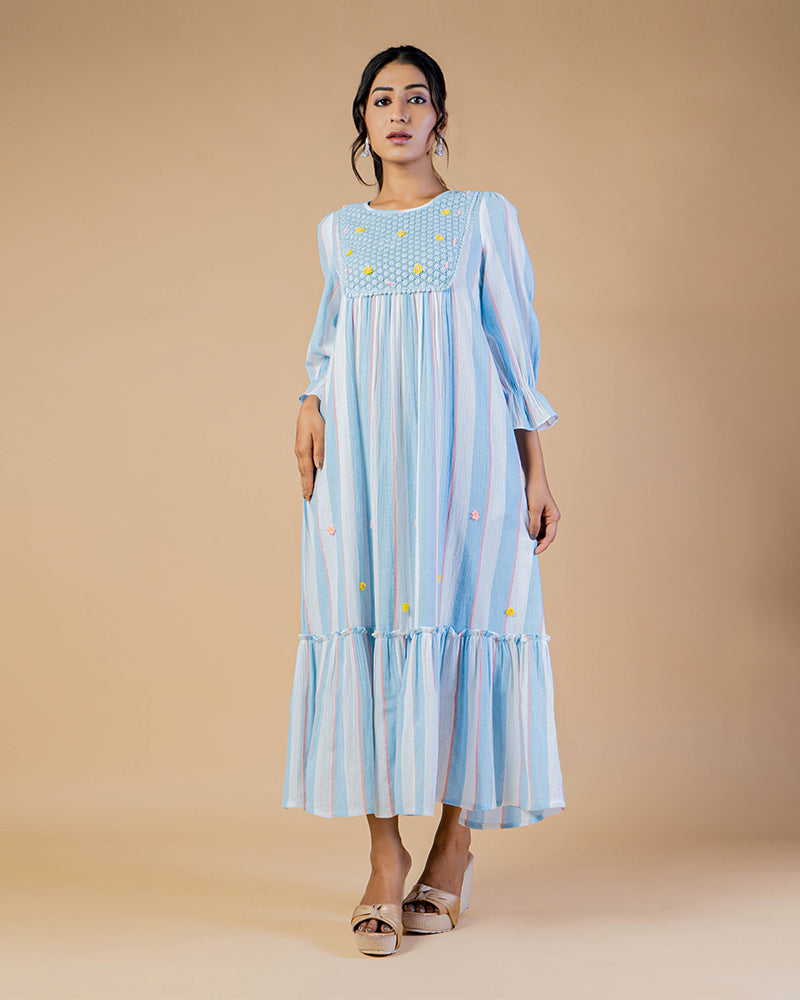 Sky Blue Stripe Line Print Layered Western Dress