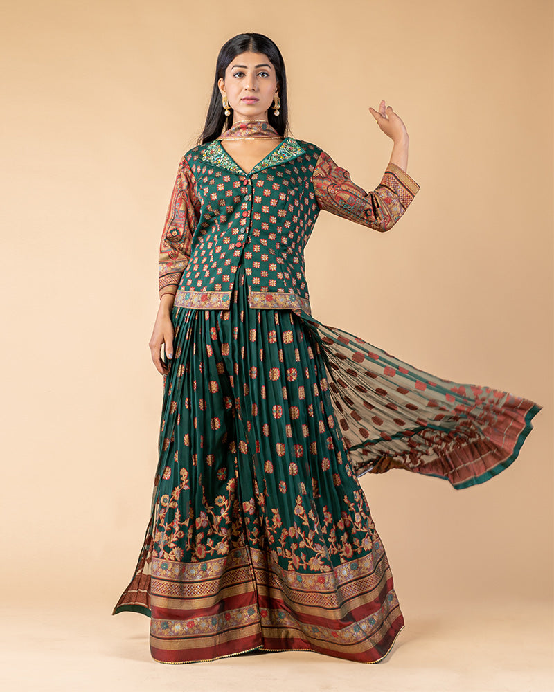 Dark Green Printed indo western suits with Dupatta