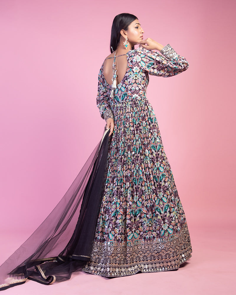 Plum Floral Printed Anarkali Dress With Dupatta