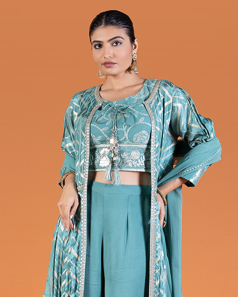 Teal Embroidered Crop Top with Shrug and Palazzo Pants Set