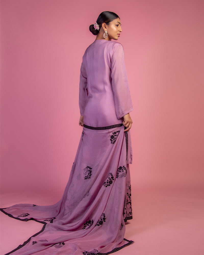 Wine Embroidered Sharara Set with Dupatta in Georgette