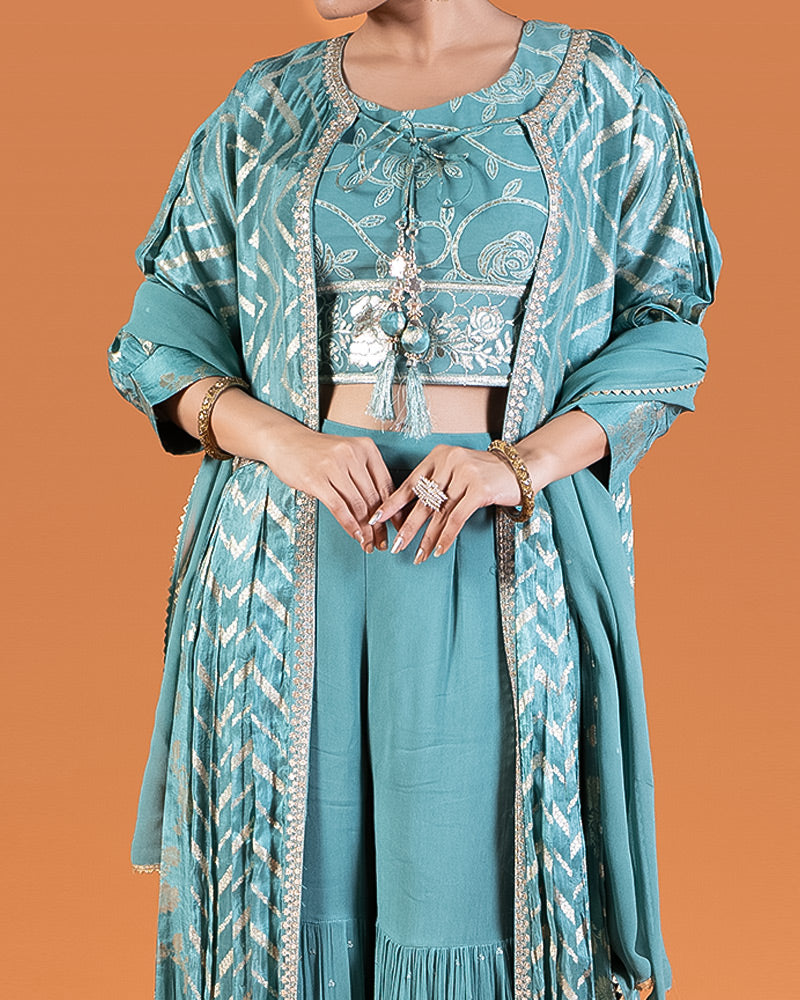 Teal Embroidered Crop Top with Shrug and Palazzo Pants Set